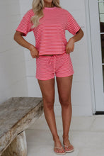 Load image into Gallery viewer, Rose Stripe Side Split Knit Tee Drawstring Shorts Set
