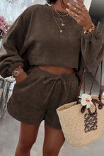 Load image into Gallery viewer, Dark Brown Solid Color Textured Knit Drop Shoulder Pullover Drawstring Shorts Set
