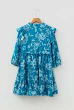 Load image into Gallery viewer, Blue Flower Half Sleeve Tiered Ruffled Mini Dress
