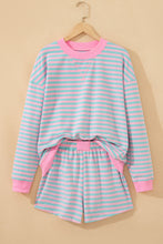 Load image into Gallery viewer, Pink Stripe Color Block Detail Long Sleeve Pullover Elastic Waist Pull On Shorts 2pcs Set
