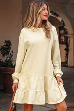 Load image into Gallery viewer, Beige Double Tiered Ruffle Hem Long Sleeve Loose Mini Dress
