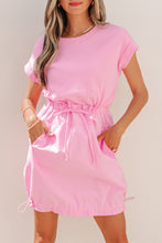 Load image into Gallery viewer, Bonbon Cuffed Short Sleeve Mix Fabric Patchwork Drawstring Mini Dress
