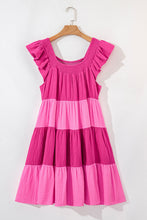 Load image into Gallery viewer, Pink Crinkled Colorblock Patchwork Flutter Tiered Mini Dress

