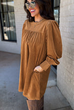 Load image into Gallery viewer, Desert Gold Corduroy Pleated Puff Sleeve Shift Short Dress
