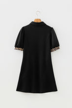 Load image into Gallery viewer, Black Leopard Patchwork Zip Collared Short Puff Sleeve Shift Mini Dress
