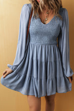 Load image into Gallery viewer, Ashleigh Blue Long Sleeve V Neck Smocked Tiered Mini Dress
