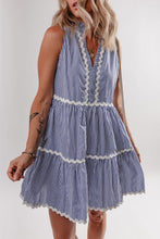 Load image into Gallery viewer, Blue Stripe Sleeveless Notched V Neck Contrast Ric Rac Mini Dress
