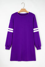 Load image into Gallery viewer, Tillandsia Purple Varsity Contrast Banded Sleeve Shift Sweatshirt Dress
