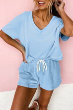 Load image into Gallery viewer, Mint Green V Neck Drop Shoulder Tee and Patchwork Drawstring Elastic Waistband Shorts Set
