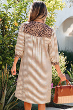 Load image into Gallery viewer, Pink Stripe Square Button Leopard Trim Loose Bracelet Sleeve Shirt Dress
