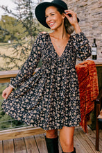 Load image into Gallery viewer, Black Floral Deep V Neck Smocked Bust Bubble Sleeve Babydoll Dress
