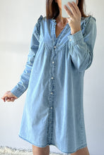 Load image into Gallery viewer, Myosotis Ruffled V Neck Buttoned Shift Denim Dress
