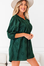 Load image into Gallery viewer, Blackish Green Embroidered Eyelet Pattern 3/4 Puffy Sleeve Swing Mini Dress
