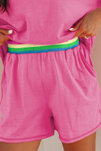 Load image into Gallery viewer, Bright Pink Seam Detail Raw Edge Tee Rainbow Waistband Casual Short Set
