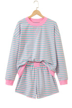 Load image into Gallery viewer, Pink Stripe Color Block Detail Long Sleeve Pullover Elastic Waist Pull On Shorts 2pcs Set
