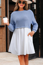 Load image into Gallery viewer, Sky Blue Stripe Patchwork Pleated High Waist Loose Mini Dress
