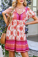 Load image into Gallery viewer, Rose Boho Floral Short Sleeve Lace-up V Neck Mini Dress
