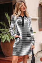 Load image into Gallery viewer, White Stripe Buttoned Front Collared Long Sleeve T Shirt Dress with Pockets

