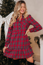 Load image into Gallery viewer, Red Plaid Shirt Collar Half Button Ruffle Hem Long Sleeve Mini Dress
