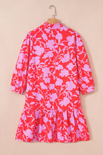 Load image into Gallery viewer, Red Floral Three Quarter Sleeves Ruffle Hem Mini Dress
