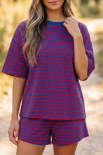Load image into Gallery viewer, Navy Stripe Striped Ribbed Cotton Two-Piece Short Set with Chest Patch Detail
