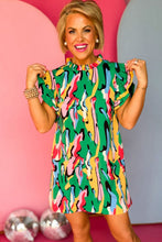 Load image into Gallery viewer, Green Abstract Print Frilled Neck Ruffled Sleeve Mini Dress
