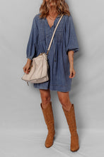 Load image into Gallery viewer, Sail Blue 3/4 Sleeve Tied V Neck Pleated Denim Mini Dress
