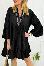 Load image into Gallery viewer, Black Chambray Ruffled 3/4 Sleeve Tiered Split V Neck Mini Dress
