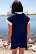 Load image into Gallery viewer, Navy Blue Americana Colorblock Stripes Zip up Collared T Shirt Mini Dress
