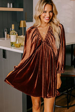 Load image into Gallery viewer, Clay Elastic V Neck Puff Sleeve Short Velvet Dress
