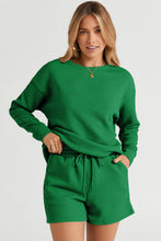 Load image into Gallery viewer, Green Textured Long Sleeve Top and Drawstring Shorts Set

