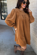 Load image into Gallery viewer, Desert Gold Corduroy Pleated Puff Sleeve Shift Short Dress
