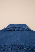 Load image into Gallery viewer, Sail Blue Ruffled Edge Collared Shift Denim Dress with Pockets
