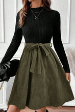 Load image into Gallery viewer, Black Ribbed Knit Slim Bodice Contrast Flared Skirt Patchwork Belted Dress
