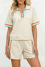 Load image into Gallery viewer, Apricot Colorful Striped Detail Half Zip Polo Tee Loose Shorts Set
