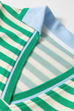 Load image into Gallery viewer, Green Striped Contrast Collar Split Neck Long Sleeve Mini Dress
