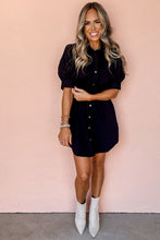 Load image into Gallery viewer, Black Button Up Tie Waist Puff Sleeve Mini Dress
