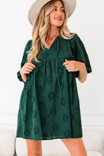 Load image into Gallery viewer, Blackish Green Embroidered Eyelet Pattern 3/4 Puffy Sleeve Swing Mini Dress
