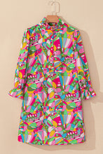 Load image into Gallery viewer, Pink Abstract Printed Lantern Sleeve Buttoned Mini Dress
