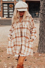 Load image into Gallery viewer, Brown Plaid Print Side Pockets Frilled Babydoll Mini Dress
