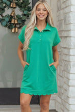 Load image into Gallery viewer, Beau Blue Solid Color Snap Button Polo Collar Short Sleeve Scallop Hem Mini Dress
