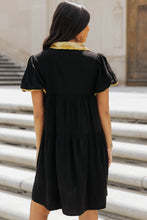 Load image into Gallery viewer, Black Sequin Trim Bubble Sleeve Game Day Shirt Dress
