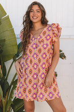 Load image into Gallery viewer, Orange Geometric Floral V Neck Buttoned Ruffled Sleeve Mini Dress
