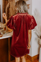 Load image into Gallery viewer, Cinnamon Velvet Smocked Neckline Puff Sleeve Shift Mini Dress
