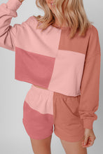 Load image into Gallery viewer, Peach Blossom Colorblock Patchwork Long Sleeve Shorts Outfit
