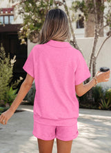Load image into Gallery viewer, Light Grey Collared V Neck Tee Drawstring Elastic Waist Shorts 2pcs Outfit

