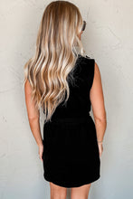 Load image into Gallery viewer, Black French Terry Zipped Collar Sleeveless Drawstring Waist Mini Dress
