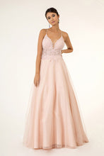 Load image into Gallery viewer, V-Neck Floral Embroidery Embellished Bodice Glitter Mesh Long Dress
