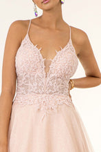 Load image into Gallery viewer, V-Neck Floral Embroidery Embellished Bodice Glitter Mesh Long Dress
