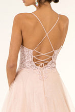 Load image into Gallery viewer, V-Neck Floral Embroidery Embellished Bodice Glitter Mesh Long Dress

